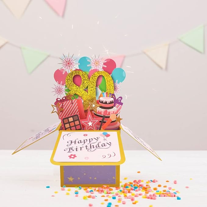 Asmallgf Happy 80th Birthday Pop Up Card for Women Men, Wonderful 80 Year Old Gift for Him Her, Colorful 80 Bday 3D Card for Grandma Grandpa, Best 80 Birthday Gift Idea for Friend