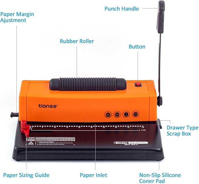 TIANSE Binding Machine, Spiral Coil Binder Machine, Manual Book Maker Punch Binder with Electric Coil Inserter,Suit for Letter Size / A4 / A5