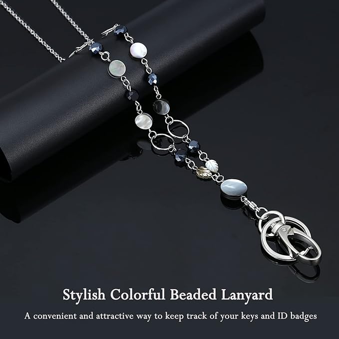 Lanyards for Keys ID Badges Women Beaded Lanyard Teacher Lanyard Necklace ID Card Key Holder Long Keychain Lanyard ID Holder Cute Bling Stainless Steel Chain Female Office Nurse Work Jewelry