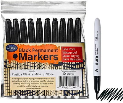 10 Pack Black Permanent Felt Waterproof Markers, Fine Point, Fade Resistant, Writes on Plastic, Metal, Glass, and Stone.…