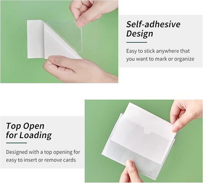 52 Pack Index Card Pockets with Top Open, 3.5 x 2 Inch Adhesive Label Pockets Clear Plastic Index Card Holder for Organizing, Storage Bins, Library Cards, Notes