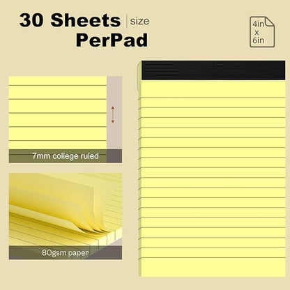 6 Pack Note Pads 4 x 6 Inch Small Notepad College Ruled Writing Pads, Yellow Lined Mini Note Pad for Work or School, 30 Sheets/Pad, Perforated Recycled Note Paper for Note-Taking, Grocery List
