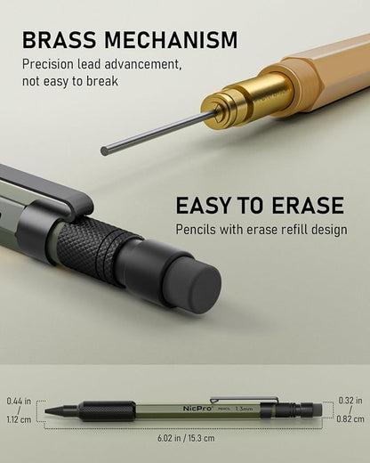 Nicpro 21PCS 1.3 mm Mechanical Pencil Set in Leather Bag with 138 Lead Refill Black & Colors, Erasers- Weatherproof Metal Heavy Duty Carpenter Pencil for Outdoor Drafting Marking Drawing Woodworking