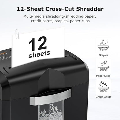 Bonsaii Paper Shredder, 12 Sheet Cross Cut Shredders for Home Office Heavy Duty, 20-Minutes Running Time with 4.2 Gal Pullout Bin for Credit Card Jam-Proof Shredding Machine (C266-A New)