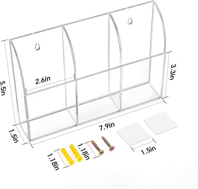 MaxGear Wall Marker Holder, 3 Compartments Desk Acrylic Organizer for Remotes, Pens, Makeup, Markers, Clear Remote Control Holder for Whiteboard Accessories-7.8'' x 1.6'' x 5.5''