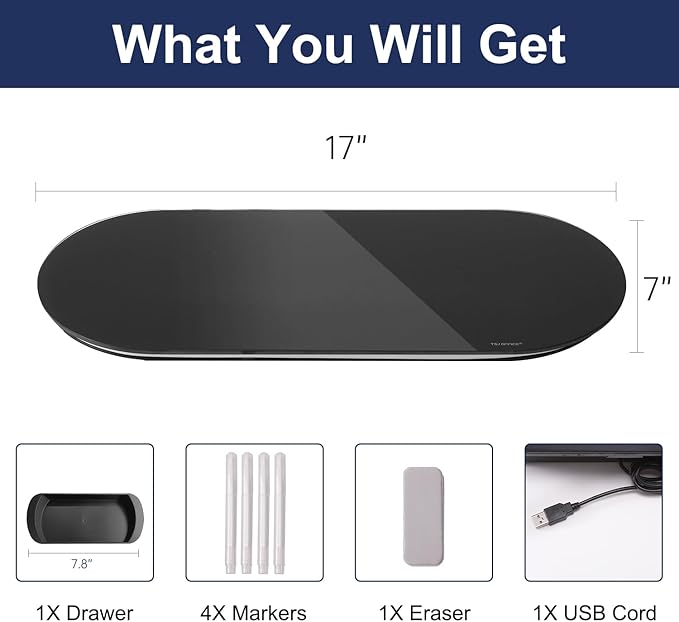 TSJ OFFICE Glass Desktop Whiteboard - 17 X 7 Inches Small Dry Erase Board with Warm Light, Black Glass White Board Surface Notepad with 1 Drawer, Desk Organizers for Office, Home, School Supplies