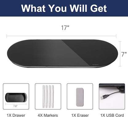 TSJ OFFICE Glass Desktop Whiteboard - 17 X 7 Inches Small Dry Erase Board with Green Light, Black Glass White Board Surface Notepad with 1 Drawer, Desk Organizers for Office, Home, School Supplies