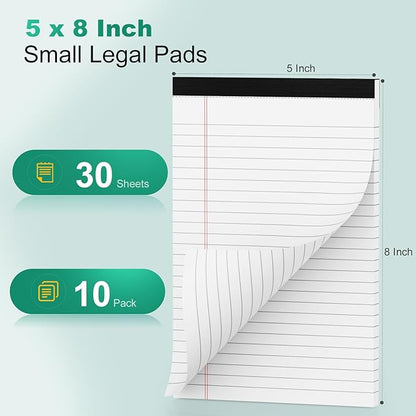 10 Pack White Legal Pads 5x8 Small Note Pads, Writing Pads for Work, College Ruled Perforated Memo Pad, Desk Notepad with Study Backboard, 30 Sheets Per Pad, 5x8 Legal Pad for Office/School/Home