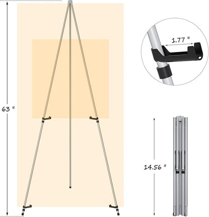 Display Artist Easel Stands - 63" Instant Tripod Collapsible Portable Floor Easels - Easy Folding Adjustable Art Poster Metal Stands for Display Show, Wedding, Painting - Silver 2pack