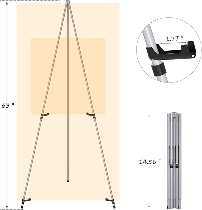 Display Artist Easel Stand - 63" Instant Tripod Collapsible Portable Floor Easel - Easy Folding Adjustable Art Poster Metal Stand for Display Show, Wedding, Painting - Silver