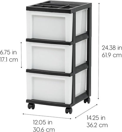 IRIS USA Plastic Drawer Storage Organizer Rolling Cart, with Wheels Casters, 3-Drawers, for Classroom Art Craft Supplies Dresser Closet Bathroom Dorm Bedroom Laundry Room, Black/ Pearl