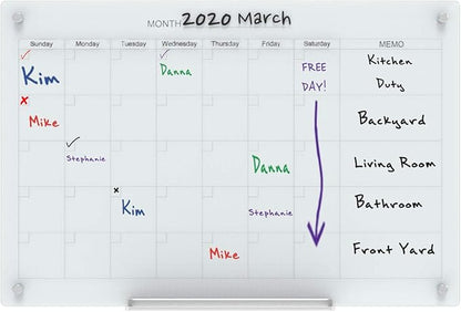 Audio-Visual Direct Magnetic White Calendar Glass Dry-Erase Board Set - 4' x 3' - Includes Magnets, Hardware & Marker Tray