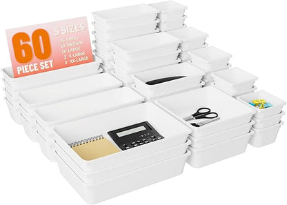 60 Pcs Plastic Drawer Organizer Set,5 Size Small Storage Containers for Organizing Jewelry,Utensil,Junk,Tea,Makeup,Shallow Drawer Organizers Tray Suitable for Office,Desk,Bathroom,Vanity,Kitchen,White