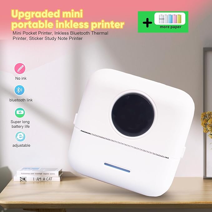 BRONA Notebuddy Mini Portable Printer, Bluetooth Smart Pocket Inkless Thermal Printer with 5 Roll Papers for Journal/DIY Scrapbook/Travel/Notes/Lists/Label/Memo, Receipt Printer for iOS&Android