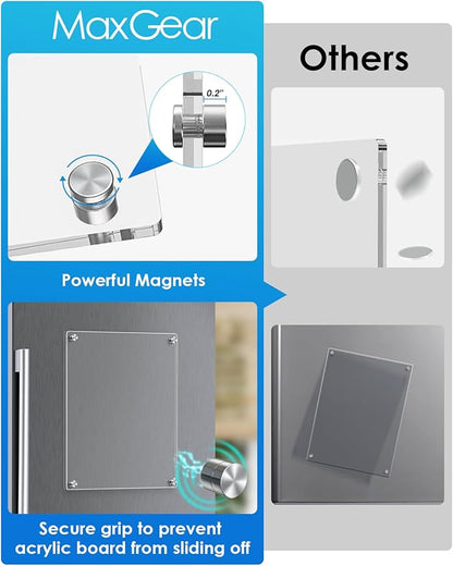 MaxGear 11"x14" Acrylic Dry Erase Board, Small Clear Magnetic Fridge WhiteBoard Mini Acrylic Memo Notepad for Refridgerator, Kitchen Menu Board Meal Planner Schedule Board, Include 4 Markers, 1 Cloth