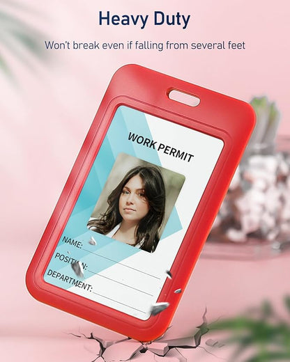 Uniclife 10 Pack Sliding ID Badge Holder Hard Red Vertical Plastic Card Case Protector Pouch with Clear Window for Office School ID Credit Cards Proximity Key Cards Driver’s Licenses and Passes