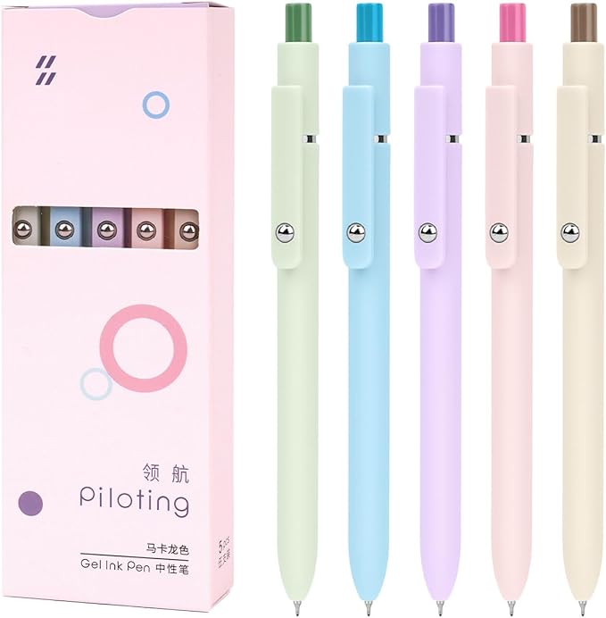 FIOVER Gel Pens, 5pcs Black Ink Fine Point 0.5mm Smooth Writing Pens with Comfort Grip, Aesthetic Ballpoint for Journaling School Office Supplies, Gifts for Women Men (Macaroon)