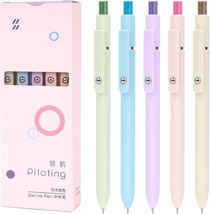 FIOVER Gel Pens, 5pcs Black Ink Fine Point 0.5mm Smooth Writing Pens with Comfort Grip, Aesthetic Ballpoint for Journaling School Office Supplies, Gifts for Women Men (Macaroon)