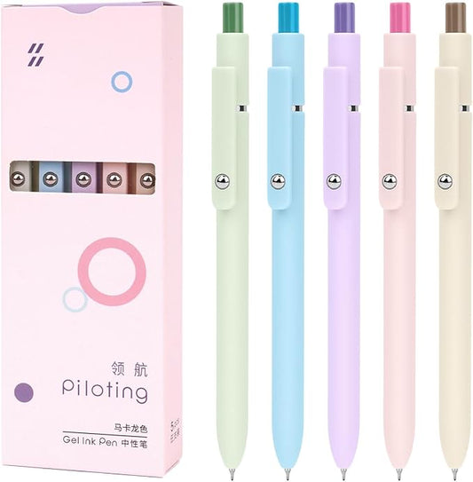 FIOVER Gel Pens, 5pcs Black Ink Fine Point 0.5mm Smooth Writing Pens with Comfort Grip, Aesthetic Ballpoint for Journaling School Office Supplies, Gifts for Women Men (Macaroon)
