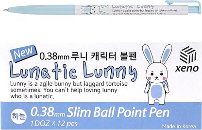 ZEESOON Xeno Lunatic Lunny 0.38mm Slim Ball Point Pen Dozen Box 12 Pcs, Made in Korea (Sky Blue 12pcs)
