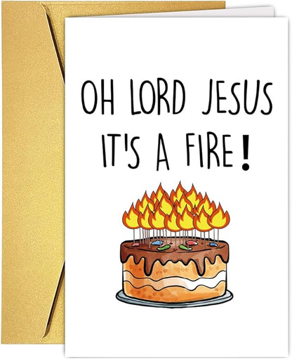 Funny Birthday Cake Card for Friend Bestie Women, Snarky Humor Happy Birthday Card for Him & Her - Oh Lord Jesus It's A Fire