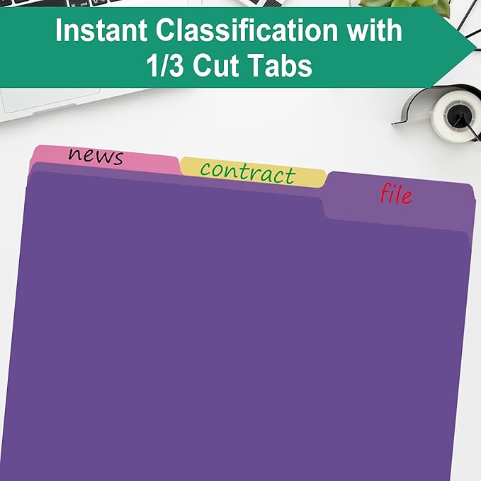 18 Pack Purple File Folders 8.5 x 11 Inch,1/3 Cut Tab File Folders Letter Size,Office Folders for Document