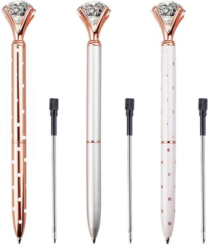 3PCS Big Crystal Diamond Ballpoint Pen Bling Metal Ballpoint PenOffices and schools, silver/White With Polka Dots/Rose Gold With Polka Dots, Includes 3 Pen Refills