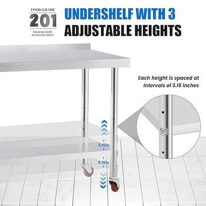 Stainless Steel Table for Prep & Work with 4 Caster Wheels with Backsplash 24 x 36 NSF Metal Commercial Kitchen Adjustable Under Shelf Worktable for Restaurant Home Outdoor