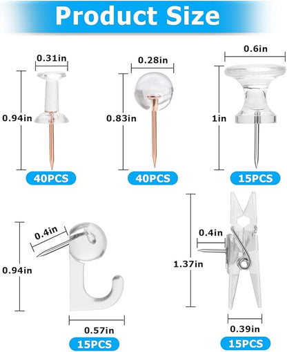 Clear Push Pins Set, 5 Styles 125-count Thumb Tacks Map Pins, Steel Point and Clear Plastic Head Pushpins Transparent Thumbtacks for Cork Board Bulletin Boards