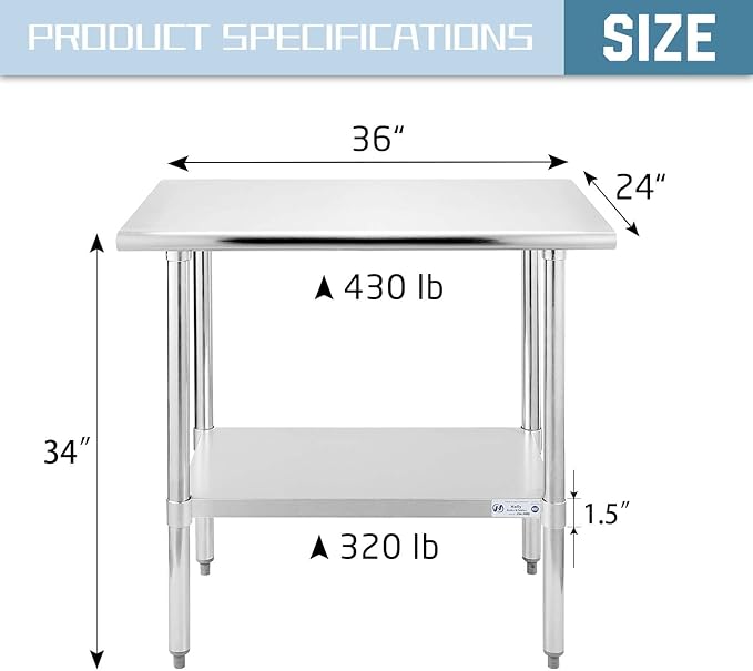 HALLY Stainless Steel Table for Prep & Work 24 x 36 Inches, NSF Commercial Heavy Duty Table with Undershelf and Galvanized Legs for Restaurant, Home and Hotel