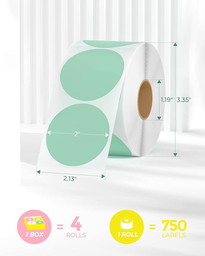 MUNBYN 2 Inch Circle Color Thermal Sticker Labels, Self-Adhesive Round Direct Thermal Labels, Multi-Purpose Roll Thermal Stickers for Business-4500 Labels/6 Rolls, 6 Colors