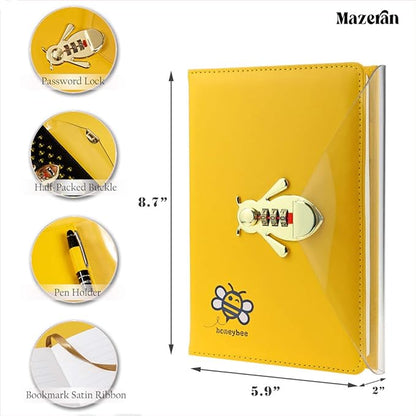 Mazeran Bee Shaped Combination Lock Journal, PU Leather Hard Cover Notebook Cute Diary, Thick A5 Lined Password Locking Personal Planner Secret Organizer Gift for Girls Women Daughter