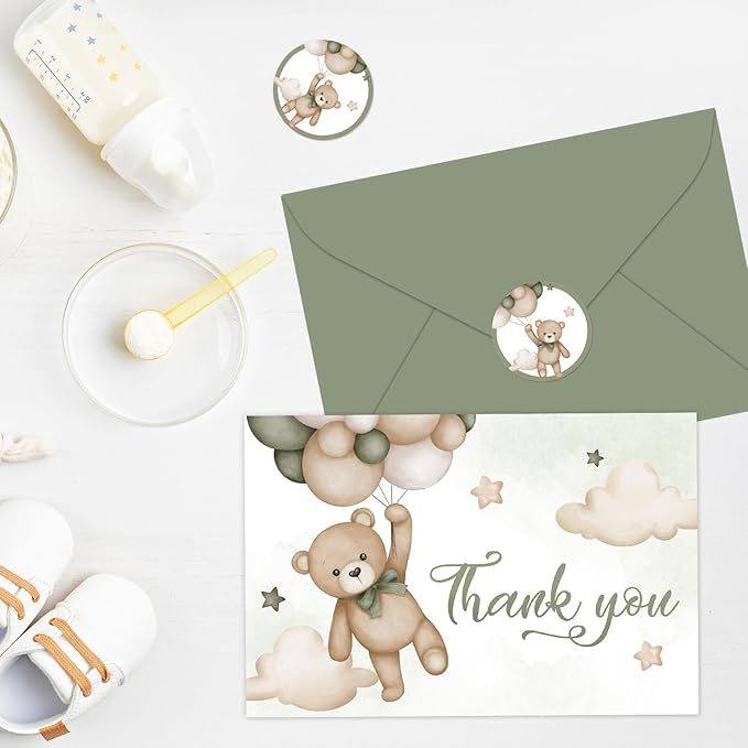 Whaline 24 Pack Bear Thank You Cards Green Bear Balloon Greeting Cards with Envelopes Stickers Cute Cartoon Blank Note Cards for Party Invitation Supplies, 4 x 6 Inch