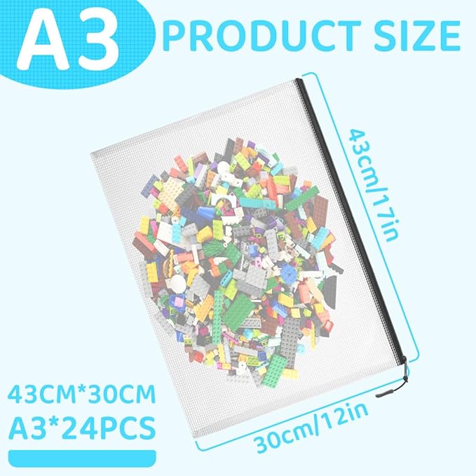 24pcs Mesh Zipper Pouch Bags, Large A3 17x12 Inches Reusable Bags Puzzle Storage Organizer Black Multipurpose for Travel Board Games School Office Supplies and Home Classroom Organization