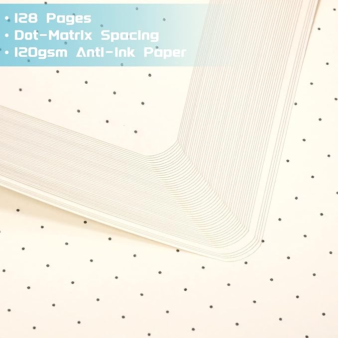 Dotted Journal/Notebook - Dot Grid Hard Cover Notebook, Premium Thick Paper with Fine Inner Pocket, Black Smooth Faux Leather, Pen Loop, 5.3'' x 8.26'' - White