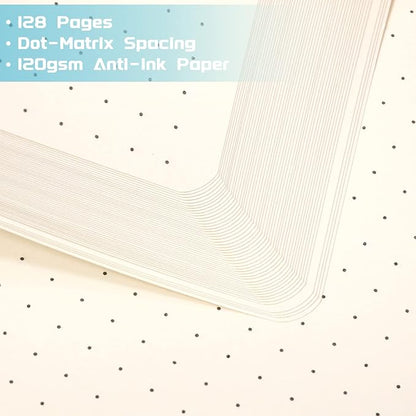 Dotted Journal/Notebook - Dot Grid Hard Cover Notebook, Premium Thick Paper with Fine Inner Pocket, Black Smooth Faux Leather, Pen Loop, 5.3'' x 8.26'' - White