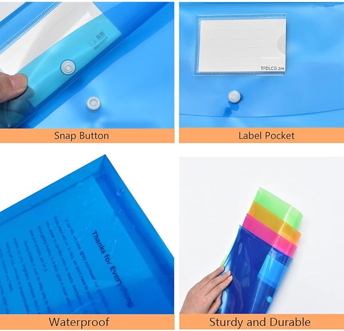 10 Pack Plastic Envelopes with Snap Closure,TFDLCG zm Poly File Envelopes with Label Pocket,Clear Document Folders,A4 Letter Size(13"×9.5") for School Home Work Office,Assorted Colors