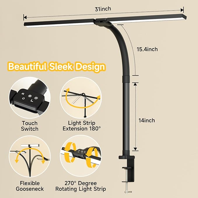 SKYLEO Led Desk Lamp for Home Office - Eye Caring Architect Desk Light with Clamp - Computer Monitor Light with Stepless Dimming Touch Control - 5 Color 24W - 2400LM Timing - Memory Function - Black