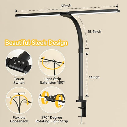 SKYLEO Led Desk Lamp for Home Office - Eye Caring Architect Desk Light with Clamp - Computer Monitor Light with Stepless Dimming Touch Control - 5 Color 24W - 2400LM Timing - Memory Function - Black