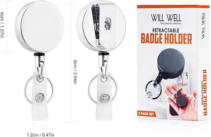 Will Well ID Badge Holder Reel with Clip and Keyring - Heavy-Duty All-Metal Casing with 27.5"UHMWPE Fiber Pull Cord for Durability and Easy Access, Holds up to 8 Keys - 2-Pack, Round, Glossy Silver