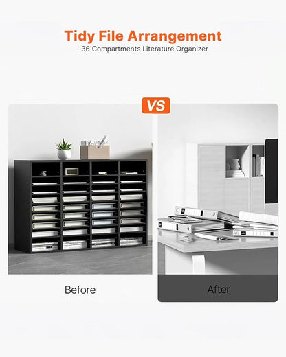 VEVOR Wood Literature Organizer, 36 Compartments, Mailboxes Slot with Removable Shelves, File Sorter for Office, Home, Classroom, or Mailrooms Organization, Black