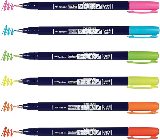 Tombow 56437 Fudenosuke Neon Brush Pen, 6-Pack. Hard Tip Fudenosuke Brush Pens in Assorted Neon Colors for Calligraphy and Art Drawings