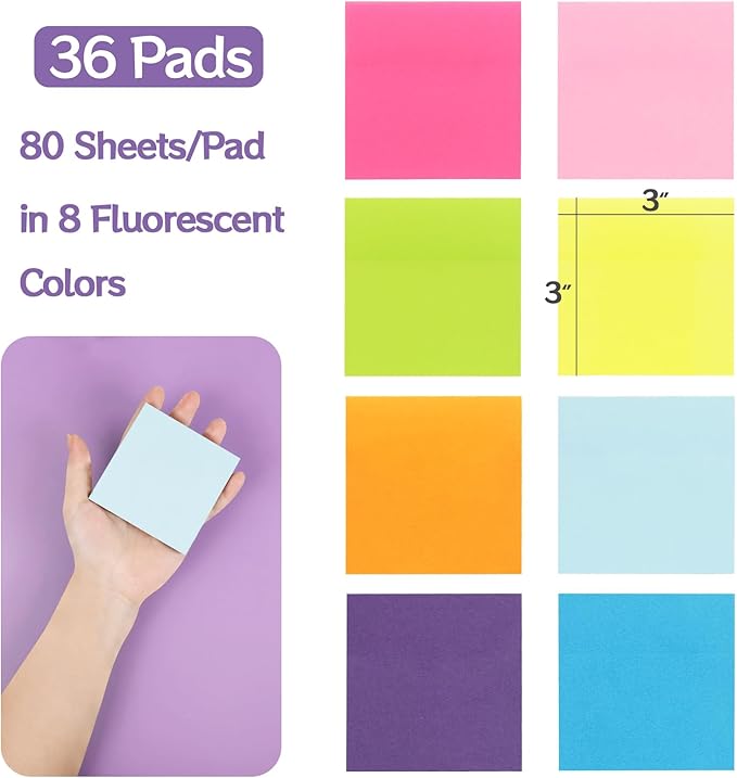 HappyHapi 36-Pads Sticky Notes 3X3 in, 80 Sheets/Pad, 8 Bright Color Self-Stick Note Pads, Bulk Vibrant Sticky Note for Home Office School(Total 2880 Sheets)