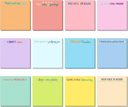 12 Pieces Snarky Office Sticky Notes Funny Note Pads Work Sucks Complaining Quotes Vibrant Negative Passive Office Notepads Adhesive Memo Pad for Colleague Supplies, 3 x 3 Inch(Cute Style)