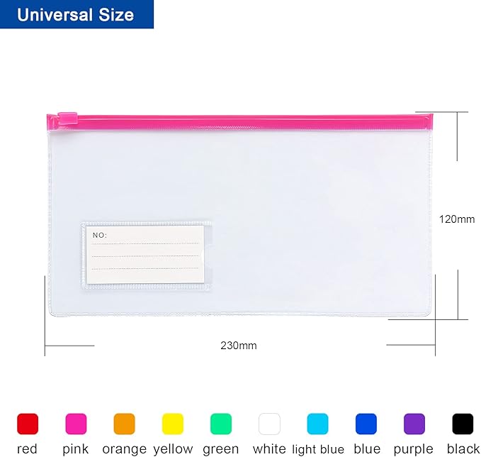 Tamaki 10 Pack Zipper Plastic Envelopes, Small Plastic Envelopes, A6 Size for Pencil Case Bulk, Bill Bag, 10 Color (9x4.7 Inch)