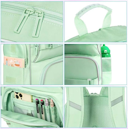 3PCS Laptop Bookbag for Girls, 17" Water Resistant School Backpack with Lunch Box, Cute Green School Bag Set for Women College Teenagers High Middle Elementary School