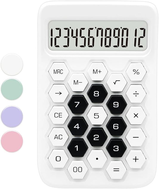 White Calculator, Standard Calculator,12 Digit Large LCD Display,Basic Office Calculator with Hexagonal Button,White Office Supplies and Desk Accessories,Gifts for Coworkers