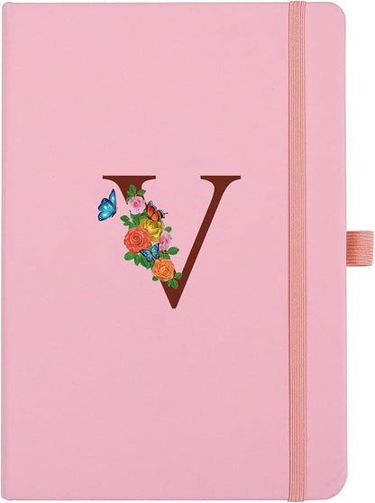 Pink Notebook for Women, 5.7"X8.3" A5 Journal Notebook with Letter V, Dual-Sided Writing Notebook with Dividers, Cute Leather Journal for Work, Business, School, Meetings, Travelers, Small Notebook