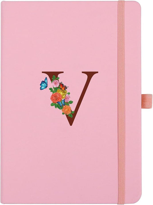 Pink Notebook for Women, 5.7"X8.3" A5 Journal Notebook with Letter V, Dual-Sided Writing Notebook with Dividers, Cute Leather Journal for Work, Business, School, Meetings, Travelers, Small Notebook