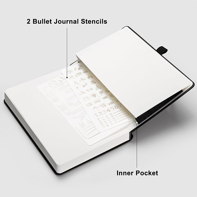 RETTACY Bullet Dotted Journal, A5 Dotted Notebook Journal with 192 Pages, 5.7'' × 8.3'', Medium Size, 100 GSM Thick Paper, Leather Hardcover, Bullet Journaling, Planning (Black)
